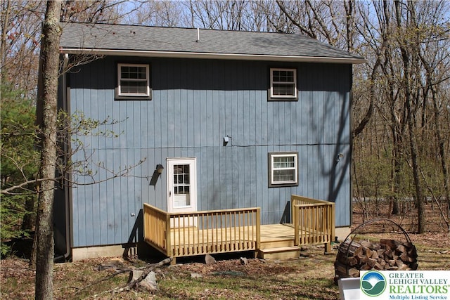 95 Piney Woods Dr, Penn Forest Township, PA 18229 - rear view of property with a wooden deck and roof with shingles