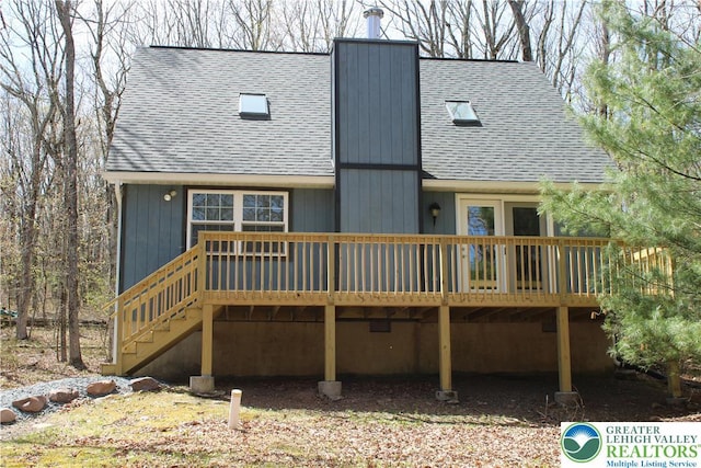 95 Piney Woods Dr, Penn Forest Township, PA 18229 - back of house with a wooden deck, a shingled roof, and stairs