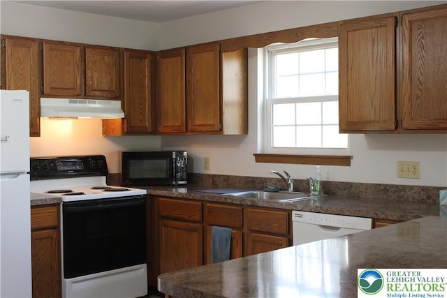 95 Piney Woods Dr, Penn Forest Township, PA 18229 - kitchen with under cabinet range hood, brown cabinets, a sink, and white appliances
