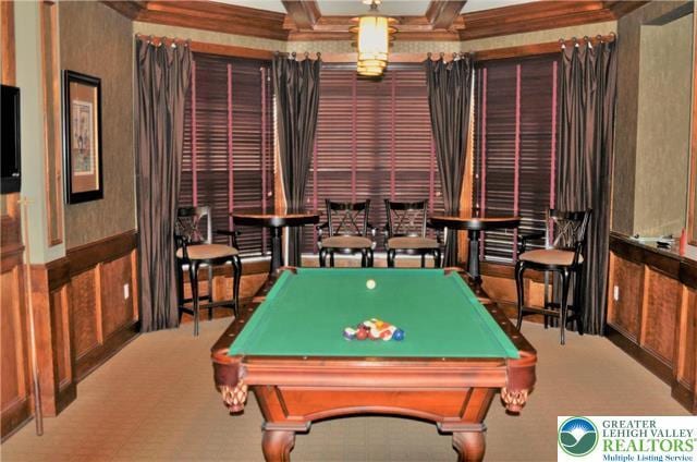 game room featuring carpet floors, ornamental molding, and pool table
