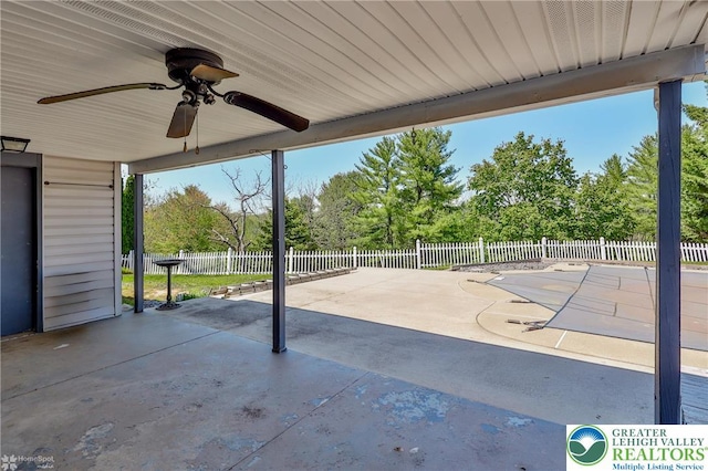 view of patio featuring a fenced backyard and ceiling fan