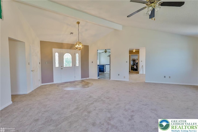 3 Dusty Rd, Palmer Twp, PA 18045 - entryway featuring baseboards, ceiling fan, carpet floors, and vaulted ceiling with beams