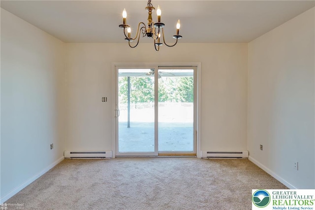 3 Dusty Rd, Palmer Twp, PA 18045 - unfurnished room with carpet floors, a baseboard radiator, a baseboard heating unit, and a chandelier