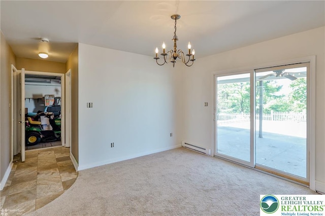 unfurnished room with baseboards, a baseboard heating unit, light colored carpet, and a chandelier