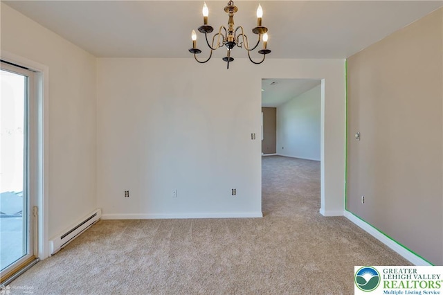 3 Dusty Rd, Palmer Twp, PA 18045 - carpeted spare room with baseboards, a baseboard heating unit, and a notable chandelier