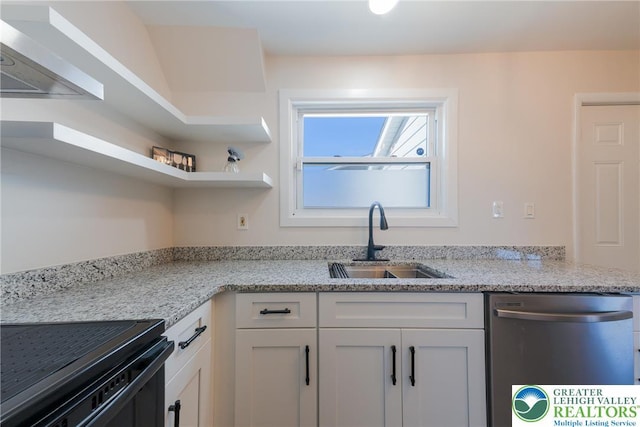 3040 Keystone St, Bethlehem Twp, PA 18020 - kitchen with white cabinetry, light stone counters, a sink, dishwasher, and black / electric stove