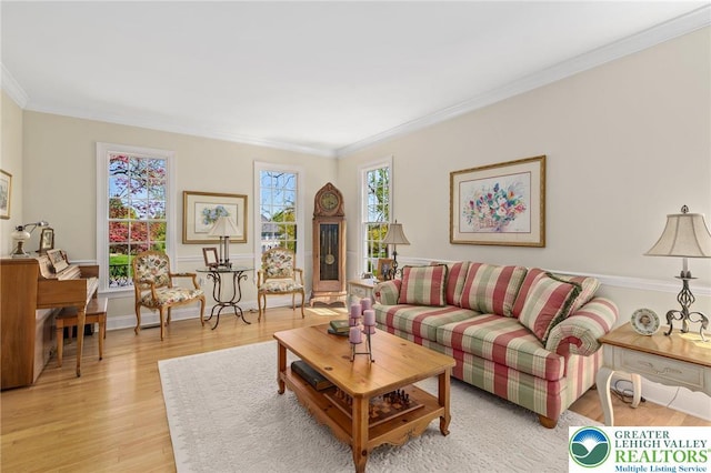 living area with light wood-type flooring and ornamental molding
