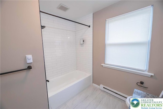 1231 Fairmount St, Bethlehem City, PA 18017 - bathroom with marble finish floor, shower / bath combination, baseboards, a baseboard radiator, and visible vents