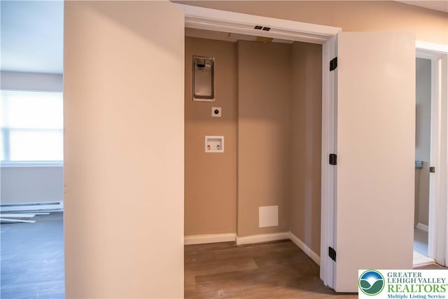 1231 Fairmount St, Bethlehem City, PA 18017 - laundry area featuring washer hookup, laundry area, electric dryer hookup, baseboards, and a baseboard radiator