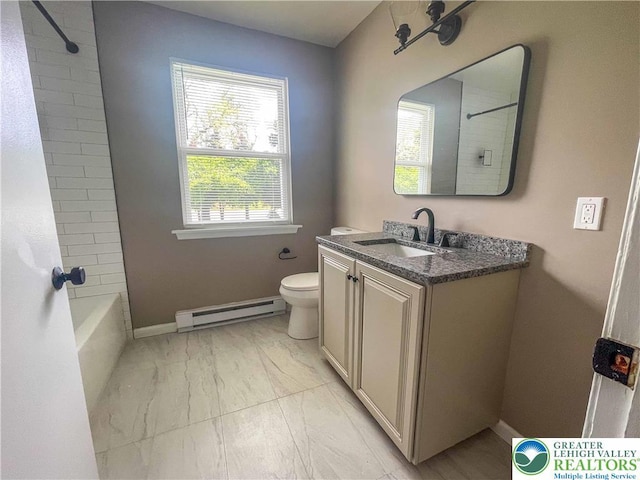 1231 Fairmount St, Bethlehem City, PA 18017 - bathroom featuring vanity, marble finish floor, tub / shower combination, toilet, and baseboard heating