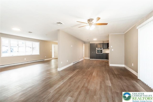 unfurnished living room with ceiling fan, baseboard heating, dark wood-type flooring, and visible vents