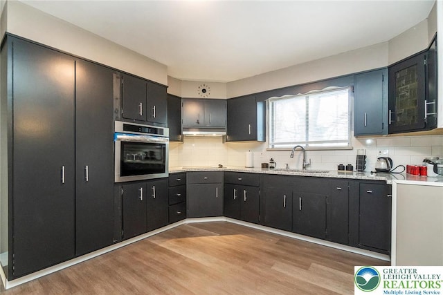 kitchen featuring backsplash, a sink, light wood-style floors, dark cabinetry, and stainless steel oven