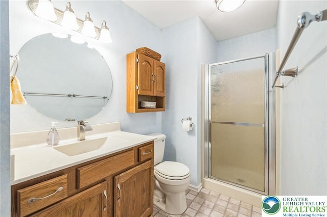 full bath with vanity, toilet, and a stall shower
