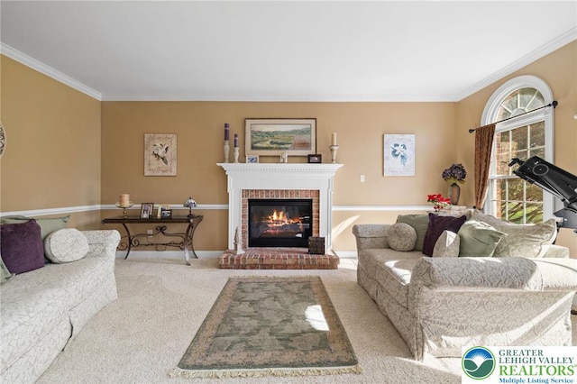 carpeted living area with baseboards, ornamental molding, and a fireplace