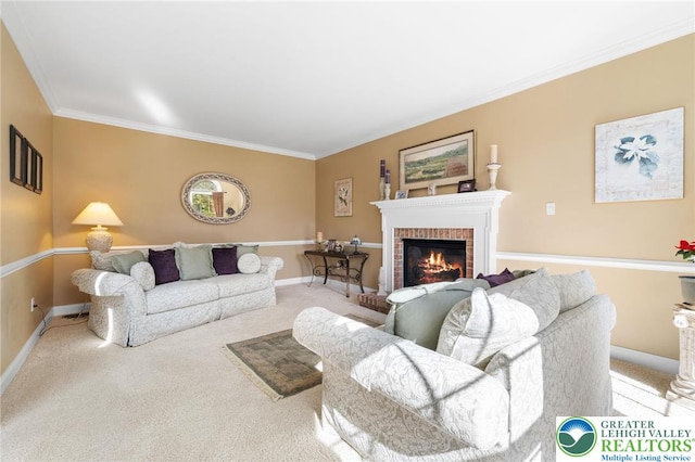 living area featuring crown molding, baseboards, carpet flooring, and a brick fireplace