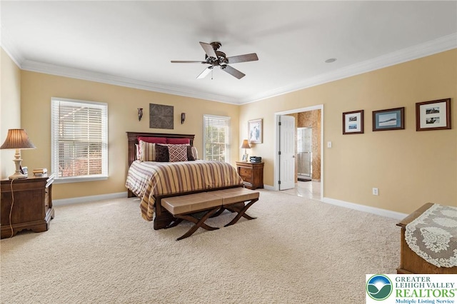 bedroom featuring a ceiling fan, baseboards, ornamental molding, and light carpet