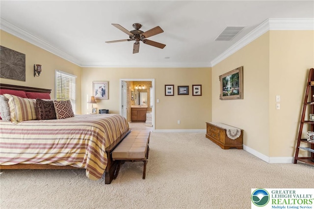 bedroom with crown molding, baseboards, visible vents, and carpet