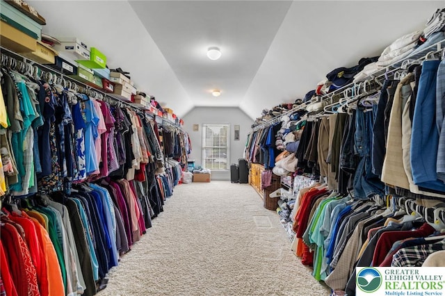 walk in closet featuring carpet flooring and vaulted ceiling