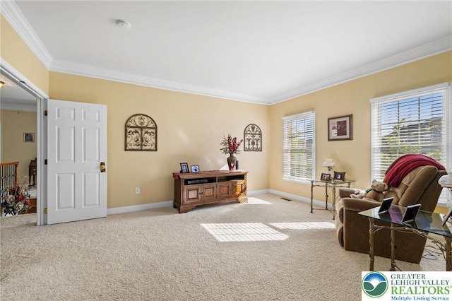 living area with baseboards, ornamental molding, and carpet