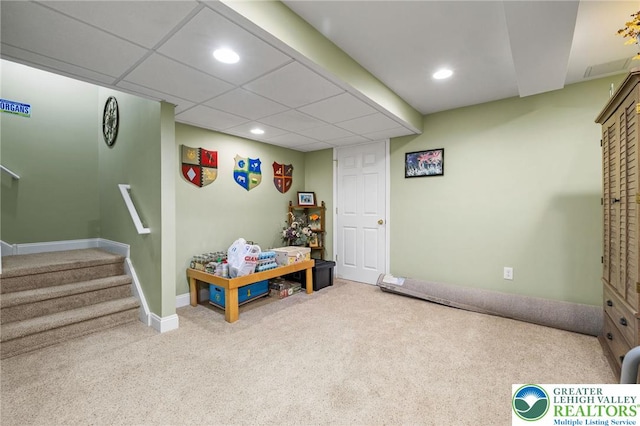 playroom with baseboards, carpet flooring, and recessed lighting