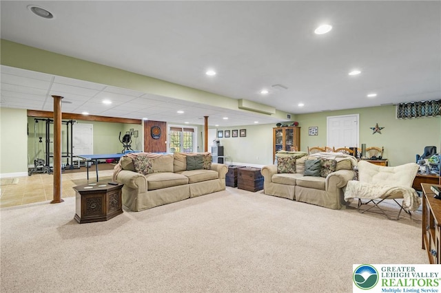 carpeted living room featuring recessed lighting, pool table, and baseboards