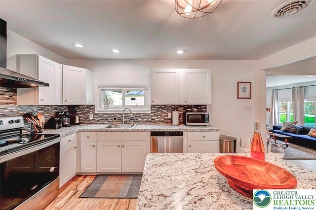 134 Altemose Rd, Tobyhanna Twp, PA 18347 - kitchen with wall chimney range hood, a sink, stainless steel appliances, light wood-type flooring, and visible vents