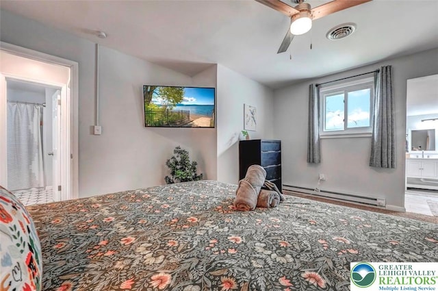 134 Altemose Rd, Tobyhanna Twp, PA 18347 - bedroom featuring a ceiling fan, visible vents, ensuite bathroom, and a baseboard radiator
