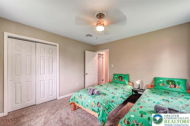 134 Altemose Rd, Tobyhanna Twp, PA 18347 - bedroom featuring a ceiling fan, visible vents, baseboards, a closet, and carpet flooring