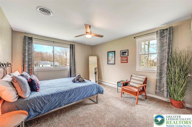 134 Altemose Rd, Tobyhanna Twp, PA 18347 - carpeted bedroom with visible vents, a ceiling fan, baseboards, and multiple windows