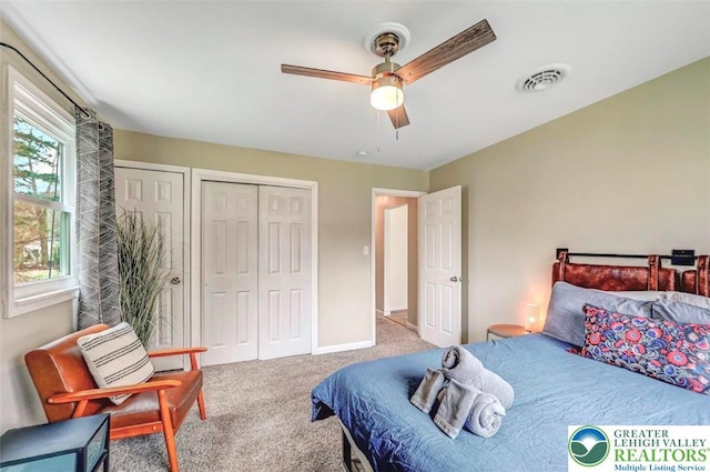134 Altemose Rd, Tobyhanna Twp, PA 18347 - bedroom featuring carpet floors, multiple closets, a ceiling fan, baseboards, and visible vents