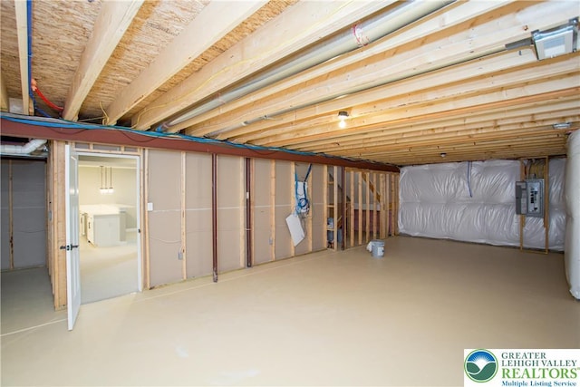 unfinished basement featuring water heater and electric panel