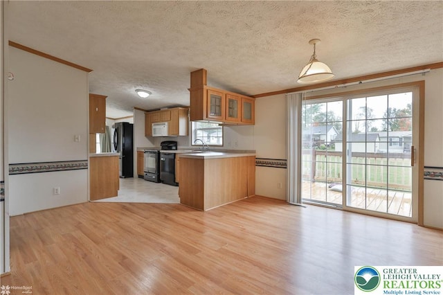 kitchen with a peninsula, a wealth of natural light, light wood finished floors, and black appliances