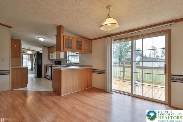 kitchen featuring brown cabinetry, black appliances, a peninsula, and light wood-style flooring