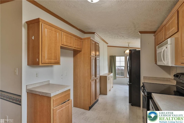 kitchen featuring light countertops, ornamental molding, black appliances, and a textured ceiling