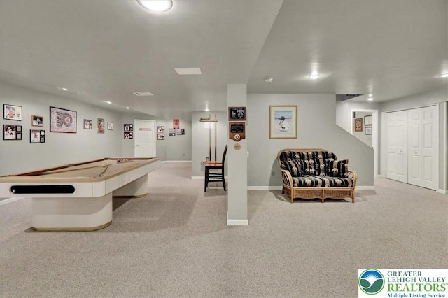 recreation room featuring carpet floors, baseboards, and pool table