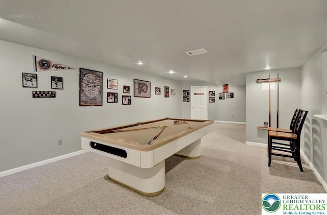 playroom with carpet floors, pool table, and baseboards