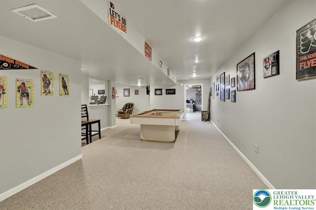 rec room with pool table, baseboards, carpet floors, and visible vents