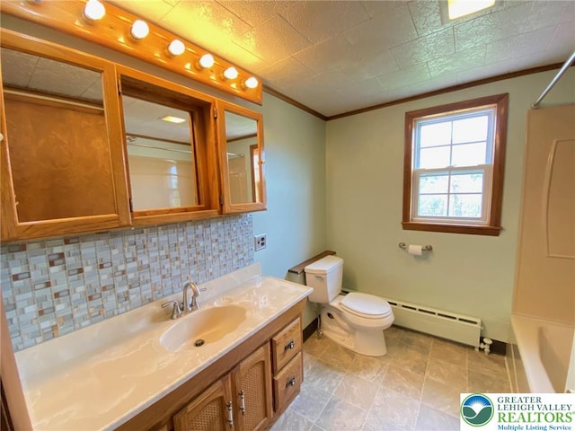 full bathroom featuring vanity, toilet, decorative backsplash, a baseboard radiator, and ornamental molding