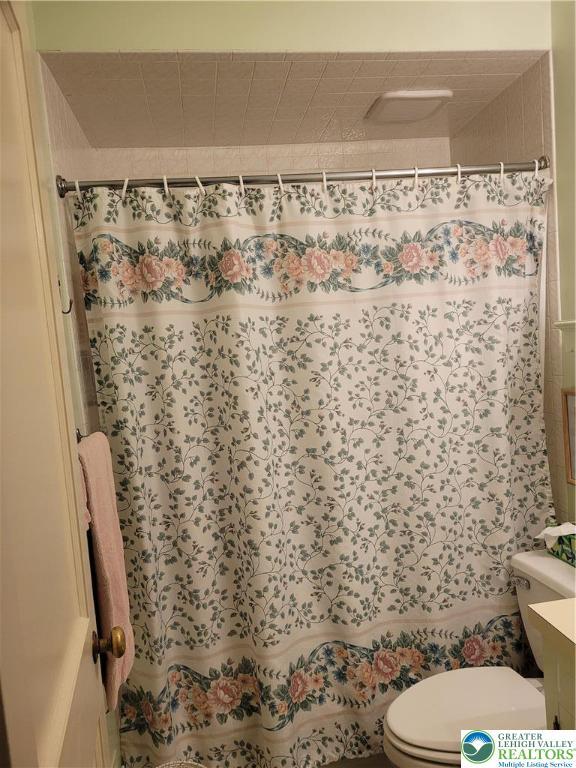 bathroom with toilet, a shower with shower curtain, and vanity