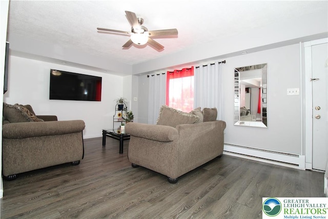 living room featuring ceiling fan, a baseboard radiator, and wood finished floors