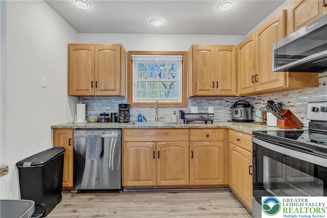 511 Lakeside Dr, Stroud Twp, PA 18301 - kitchen featuring a sink, light wood-style flooring, appliances with stainless steel finishes, and decorative backsplash