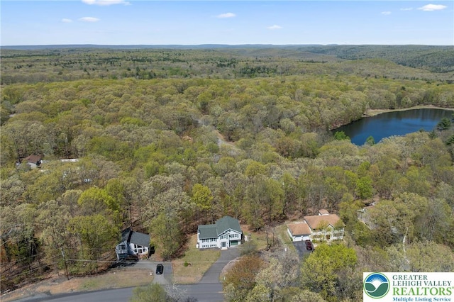 511 Lakeside Dr, Stroud Twp, PA 18301 - bird's eye view featuring a water view and a wooded view