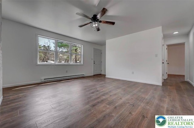 interior space featuring a ceiling fan, baseboards, hardwood / wood-style floors, and a baseboard radiator