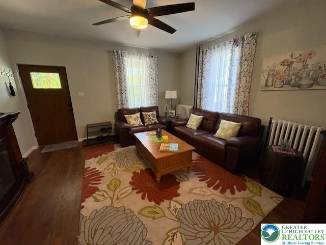 living area with radiator, ceiling fan, baseboards, and wood finished floors