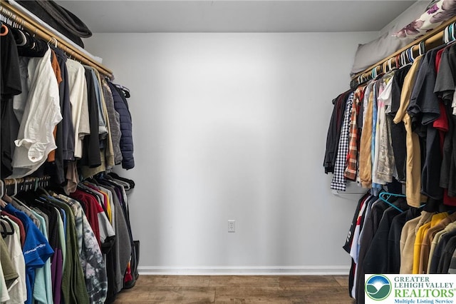 walk in closet with wood finished floors