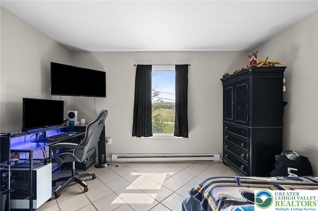 bedroom featuring light tile patterned flooring and a baseboard heating unit