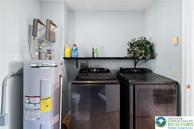 laundry room with washing machine and clothes dryer, laundry area, and electric water heater