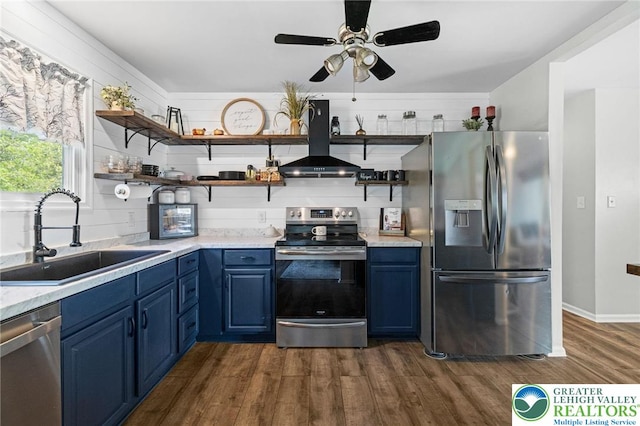 kitchen with open shelves, blue cabinets, island exhaust hood, a sink, and stainless steel appliances