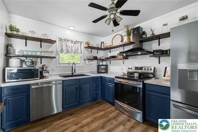 kitchen featuring stainless steel appliances, open shelves, a sink, and blue cabinets
