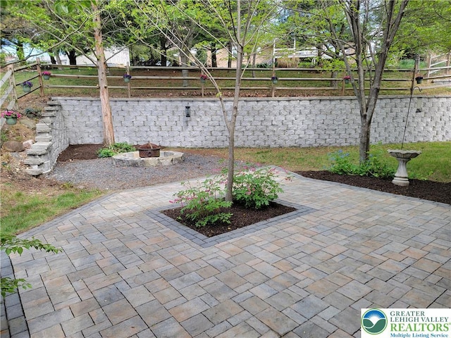view of patio / terrace with a fire pit and a fenced backyard